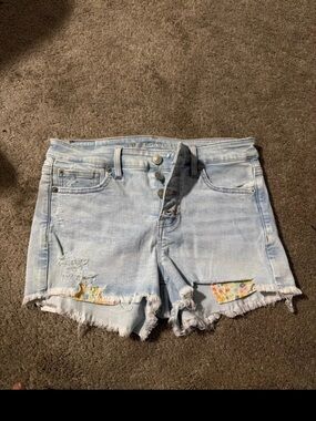 American Eagle Outfitters Light Blue Distressed Denim Shorts with Floral Inset